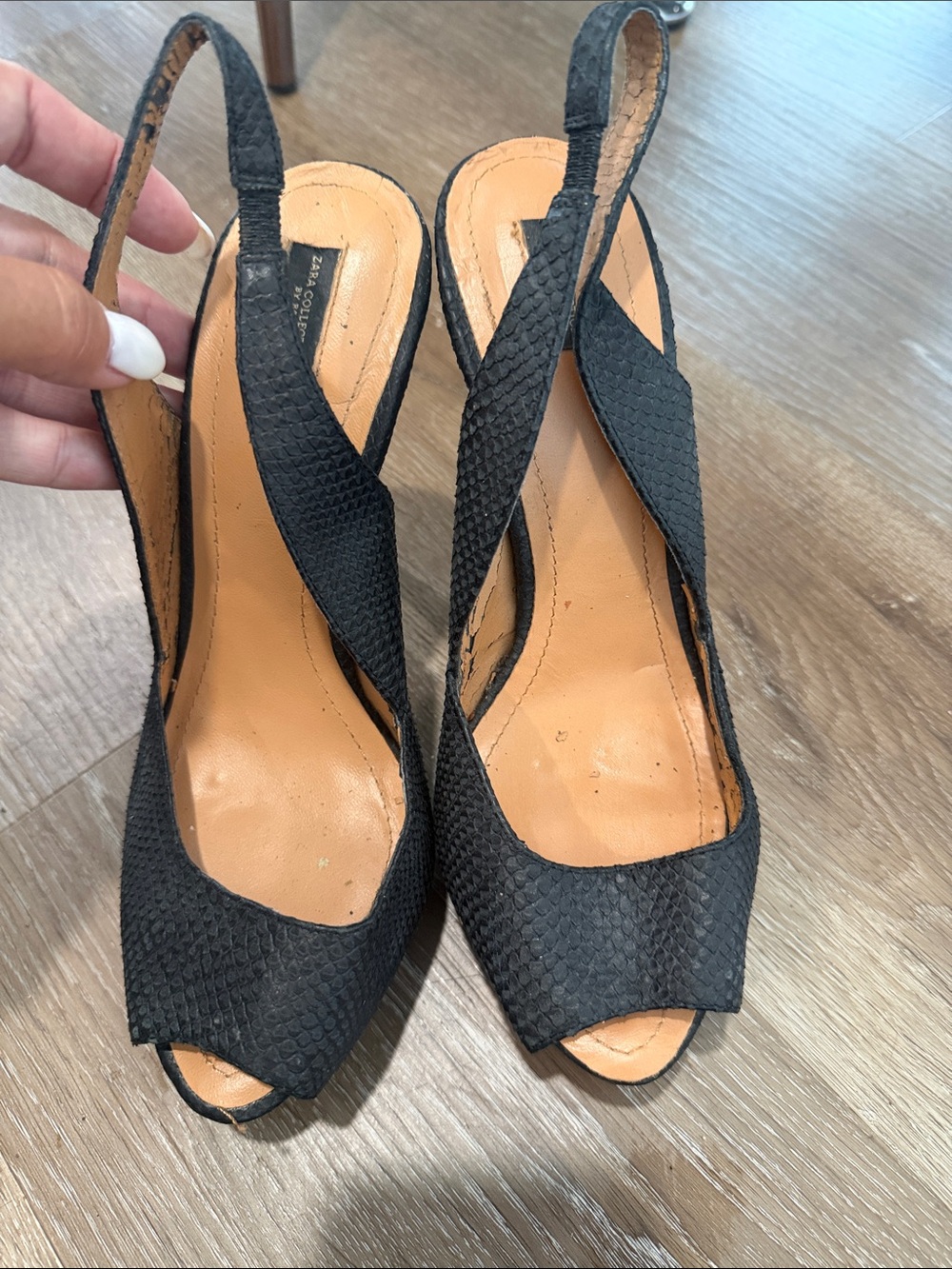 Zara Black Textured Slingback Peep-Toe Heels